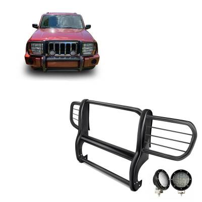 Grille Guard With Set of 5.3".Black Trim Rings LED Flood Lights-Black-2006-2010 Jeep Commander|Black Horse Off Road