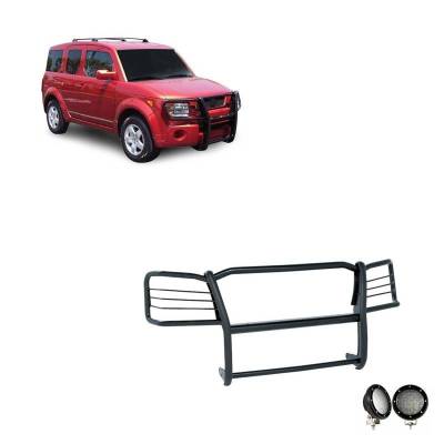 Grille Guard With Set of 5.3".Black Trim Rings LED Flood Lights-Black-2003-2008 Honda Element|Black Horse Off Road