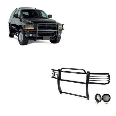 Grille Guard With Set of 5.3".Black Trim Rings LED Flood Lights-Black-Dakota/Durango|Black Horse Off Road