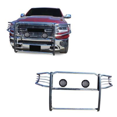 Grille Guard With Set of 5.3".Black Trim Rings LED Flood Lights-Stainless Steel-2019-2024 Ram 1500|Black Horse Off Road