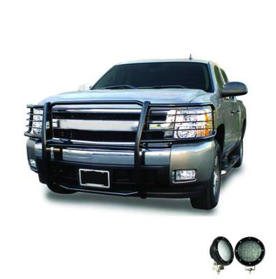 Grille Guard With Set of 5.3".Black Trim Rings LED Flood Lights-Black-Silverado 2500 HD/Silverado 3500 HD|Black Horse Off Road