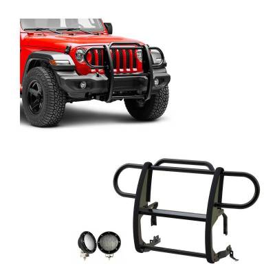 Grille Guard With Set of 5.3".Black Trim Rings LED Flood Lights-Black-Gladiator/Wrangler|Black Horse Off Road