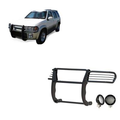 Grille Guard With Set of 5.3".Black Trim Rings LED Flood Lights-Black-QX4/Pathfinder|Black Horse Off Road