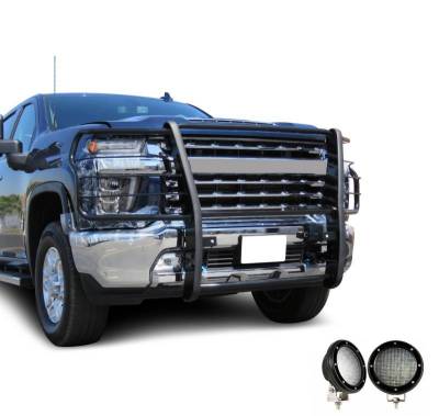 Grille Guard With Set of 5.3".Black Trim Rings LED Flood Lights-Black-Silverado 3500 HD/Silverado 2500 HD|Black Horse Off Road