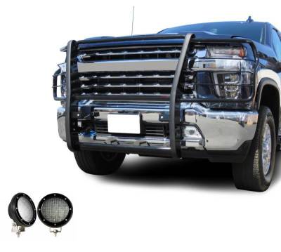 Grille Guard With Set of 5.3".Black Trim Rings LED Flood Lights-Black-Silverado 3500 HD/Silverado 2500 HD|Black Horse Off Road