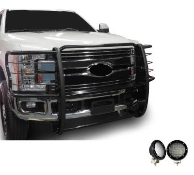 Grille Guard With Set of 5.3".Black Trim Rings LED Flood Lights-Black-F-250/F-350/F-450/F-550 SD|Black Horse Off Road