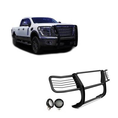 Grille Guard With Set of 5.3".Black Trim Rings LED Flood Lights-Black-2016-2024 Nissan Titan XD|Black Horse Off Road