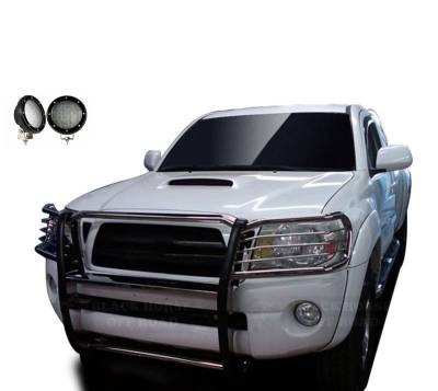 Grille Guard With Set of 5.3".Black Trim Rings LED Flood Lights-Stainless Steel-2005-2015 Toyota Tacoma|Black Horse Off Road