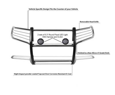 Black Horse Off Road - Grille Guard With Set of 5.3".Black Trim Rings LED Flood Lights-Stainless Steel-2010-2024 Toyota 4Runner|Black Horse Off Road - Image 7