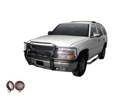 Grille Guard With Set of 5.3" Red Trim Rings LED Flood Lights-Stainless Steel-Silverado 1500/Suburban 1500/Tahoe/Yukon/Yukon XL 1500|Black Horse Off Road