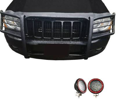 Grille Guard With Set of 5.3" Red Trim Rings LED Flood Lights-Black-2005-2010 Jeep Grand Cherokee|Black Horse Off Road