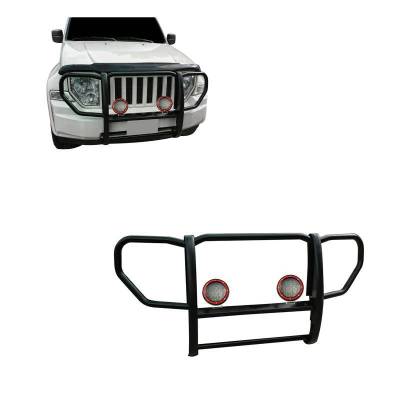 Grille Guard With Set of 5.3" Red Trim Rings LED Flood Lights-Black-2008-2012 Jeep Liberty|Black Horse Off Road