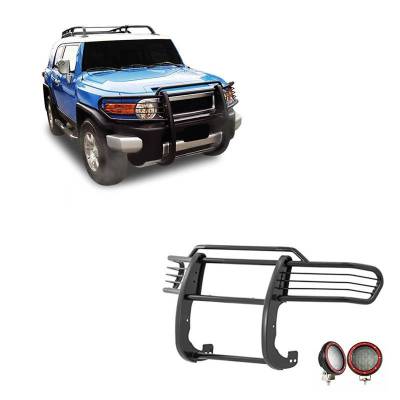 Grille Guard With Set of 5.3" Red Trim Rings LED Flood Lights-Black-2007-2014 Toyota FJ Cruiser|Black Horse Off Road