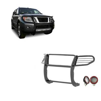 Grille Guard With Set of 5.3" Red Trim Rings LED Flood Lights-Black-Frontier/Pathfinder|Black Horse Off Road