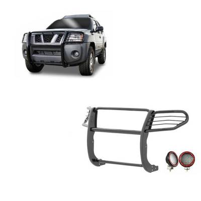 Grille Guard With Set of 5.3" Red Trim Rings LED Flood Lights-Black-2005-2015 Nissan Xterra|Black Horse Off Road