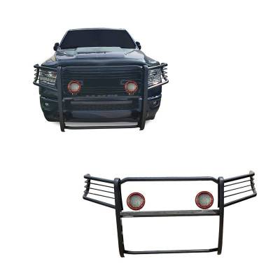 Grille Guard With Set of 5.3" Red Trim Rings LED Flood Lights-Black-2019-2024 Ram 1500|Black Horse Off Road