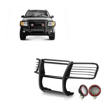 Grille Guard With Set of 5.3" Red Trim Rings LED Flood Lights-Black-2002-2005 Ford Explorer|Black Horse Off Road