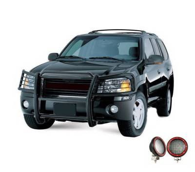 Grille Guard With Set of 5.3" Red Trim Rings LED Flood Lights-Black-Envoy/Envoy XL|Black Horse Off Road