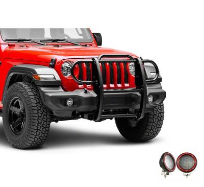 Grille Guard With Set of 5.3" Red Trim Rings LED Flood Lights-Black-Gladiator/Wrangler|Black Horse Off Road