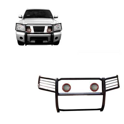 Grille Guard With Set of 5.3" Red Trim Rings LED Flood Lights-Black-Armada/Titan/Titan|Black Horse Off Road