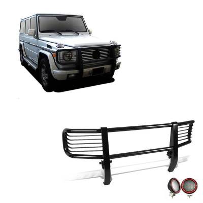 Grille Guard With Set of 5.3" Red Trim Rings LED Flood Lights-Black-G55 AMG/G500|Black Horse Off Road