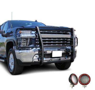 Grille Guard With Set of 5.3" Red Trim Rings LED Flood Lights-Black-Silverado 3500 HD/Silverado 2500 HD|Black Horse Off Road