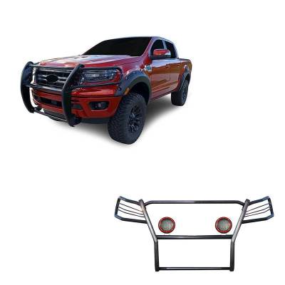 Grille Guard With Set of 5.3" Red Trim Rings LED Flood Lights-Black-2019-2023 Ford Ranger|Black Horse Off Road