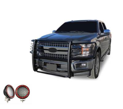 Black Horse Off Road - Grille Guard With Set of 5.3" Red Trim Rings LED Flood Lights-Black-2015-2024 Ford F-150|Black Horse Off Road - Image 5