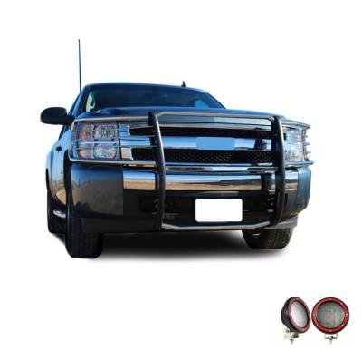 Grille Guard With Set of 5.3" Red Trim Rings LED Flood Lights-Stainless Steel-2007-2013 Chevrolet Silverado 1500|Black Horse Off Road