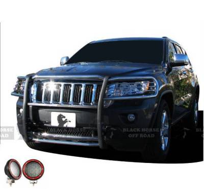 Grille Guard With Set of 5.3" Red Trim Rings LED Flood Lights-Stainless Steel-2011-2021 Jeep Grand Cherokee|Black Horse Off Road