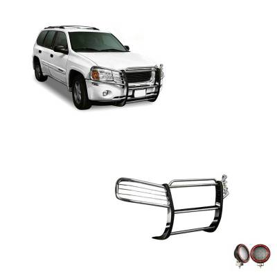 Grille Guard With Set of 5.3" Red Trim Rings LED Flood Lights-Stainless Steel-2002-2009 GMC Envoy|Black Horse Off Road