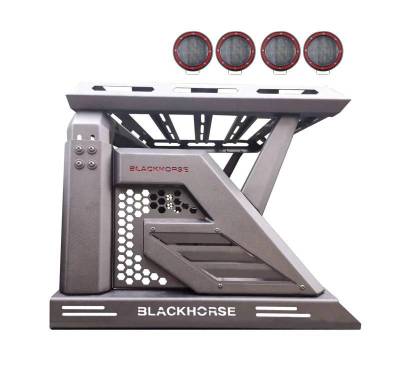 ARMOUR II Roll Bar Ladder Rack W/Basket With 2 Sets of 5.3&quot; Red Trim Rings LED Flood Lights-Black-2019-2024 Ford Ranger|Black Horse Off Road