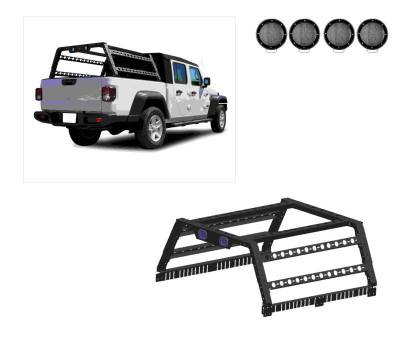 TRAVELER OVERLAND UTILITY Bed Rack With 2 Set of 5.3".Black Trim Rings LED Flood Lights-Black-Midsize- Half Ton- Three Quarter Ton Trucks-800 Lbs Capacity|Black Horse Off Road