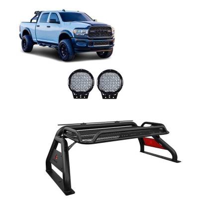 ATLAS Roll Bar Ladder Rack With Set of 9" Black Round LED Light-Black-Silverado/Sierra 14+,Ford F-150 15+,Dodge Ram 15+|Black Horse Off Road