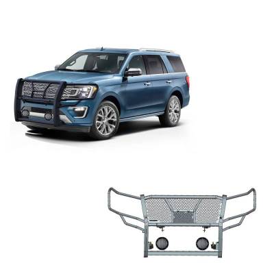 RUGGED Heavy Duty Grille Guard With Set of 5.3".Black Trim Rings LED Flood Lights-Black-2018-2024 Ford Expedition|Black Horse Off Road