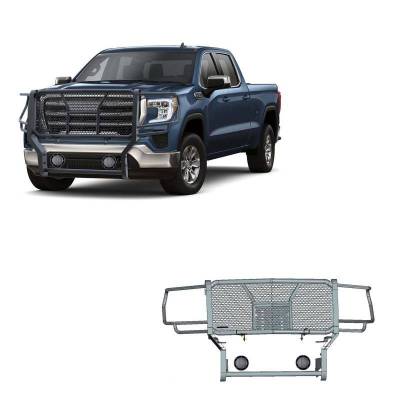 RUGGED Heavy Duty Grille Guard With Set of 5.3".Black Trim Rings LED Flood Lights-Black-Sierra 2500 HD/Sierra 3500 HD|Black Horse Off Road