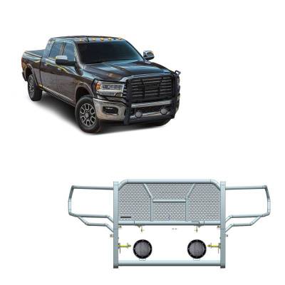 RUGGED Heavy Duty Grille Guard With Set of 5.3".Black Trim Rings LED Flood Lights-Black-2500/3500|Black Horse Off Road