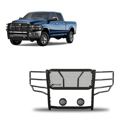 RUGGED Heavy Duty Grille Guard With Set of 5.3".Black Trim Rings LED Flood Lights-Black-Ram 2500/Ram 3500|Black Horse Off Road