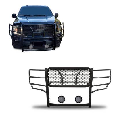 RUGGED Heavy Duty Grille Guard With Set of 5.3".Black Trim Rings LED Flood Lights-Black-2015-2020 Ford F-150|Black Horse Off Road