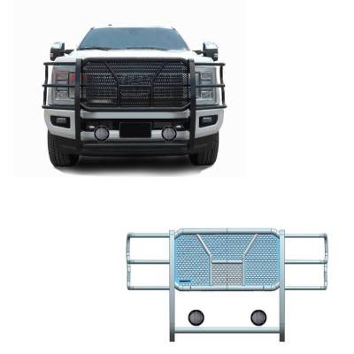 RUGGED Heavy Duty Grille Guard With Set of 5.3".Black Trim Rings LED Flood Lights-Black-F-250/F-350/F-450/F-550 SD|Black Horse Off Road