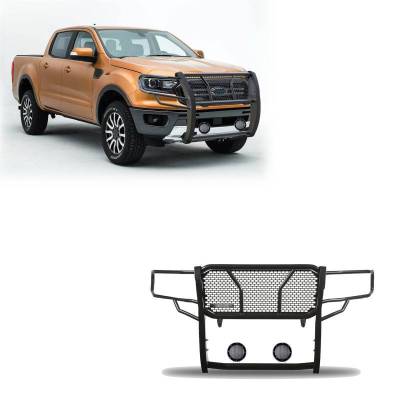 RUGGED Heavy Duty Grille Guard With Set of 5.3".Black Trim Rings LED Flood Lights-Black-2019-2023 Ford Ranger|Black Horse Off Road