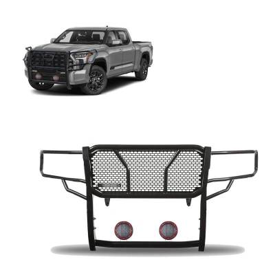 RUGGED Heavy Duty Grille Guard With Set of 5.3" Red Trim Rings LED Flood Lights-Black-2022-2024 Toyota Tundra|Black Horse Off Road