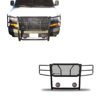 RUGGED Heavy Duty Grille Guard With Set of 5.3" Red Trim Rings LED Flood Lights-Black-2003-2014 Chevrolet Express 1500/2003-2024 Chevrolet Express 2500-3500/2009-2024 Chevrolet Express 4500-Express Cargo|Black Horse Off Road