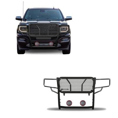 RUGGED Heavy Duty Grille Guard With Set of 5.3" Red Trim Rings LED Flood Lights-Black-Sierra 1500/Sierra 1500 Limited|Black Horse Off Road