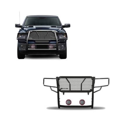 RUGGED Heavy Duty Grille Guard With Set of 5.3" Red Trim Rings LED Flood Lights-Black-1500 Classic/1500/Ram 1500|Black Horse Off Road