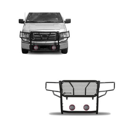 RUGGED Heavy Duty Grille Guard With Set of 5.3" Red Trim Rings LED Flood Lights-Black-2009-2014 Ford F-150|Black Horse Off Road