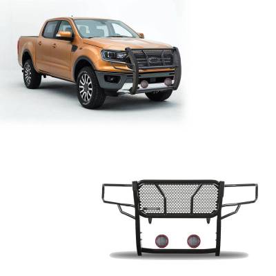 RUGGED Heavy Duty Grille Guard With Set of 5.3" Red Trim Rings LED Flood Lights-Black-2019-2023 Ford Ranger|Black Horse Off Road