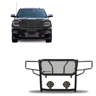 RUGGED Heavy Duty Grille Guard With Set of 7.0" Black Trim Rings LED Flood Lights-Black-Sierra 1500/Sierra 1500 Limited|Black Horse Off Road