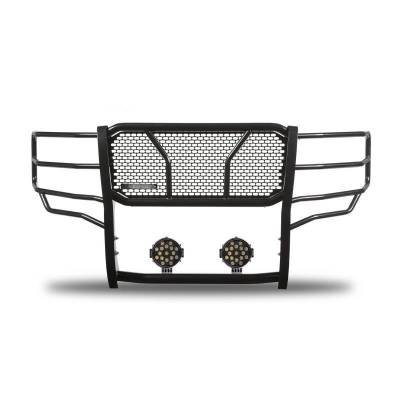 RUGGED Heavy Duty Grille Guard With Set of 7.0" Black Trim Rings LED Flood Lights-Black-Silverado 3500 HD/Silverado 2500 HD|Black Horse Off Road