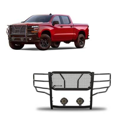 RUGGED Heavy Duty Grille Guard With Set of 7.0" Black Trim Rings LED Flood Lights-Black-2019-2024 Chevrolet Silverado 1500|Black Horse Off Road